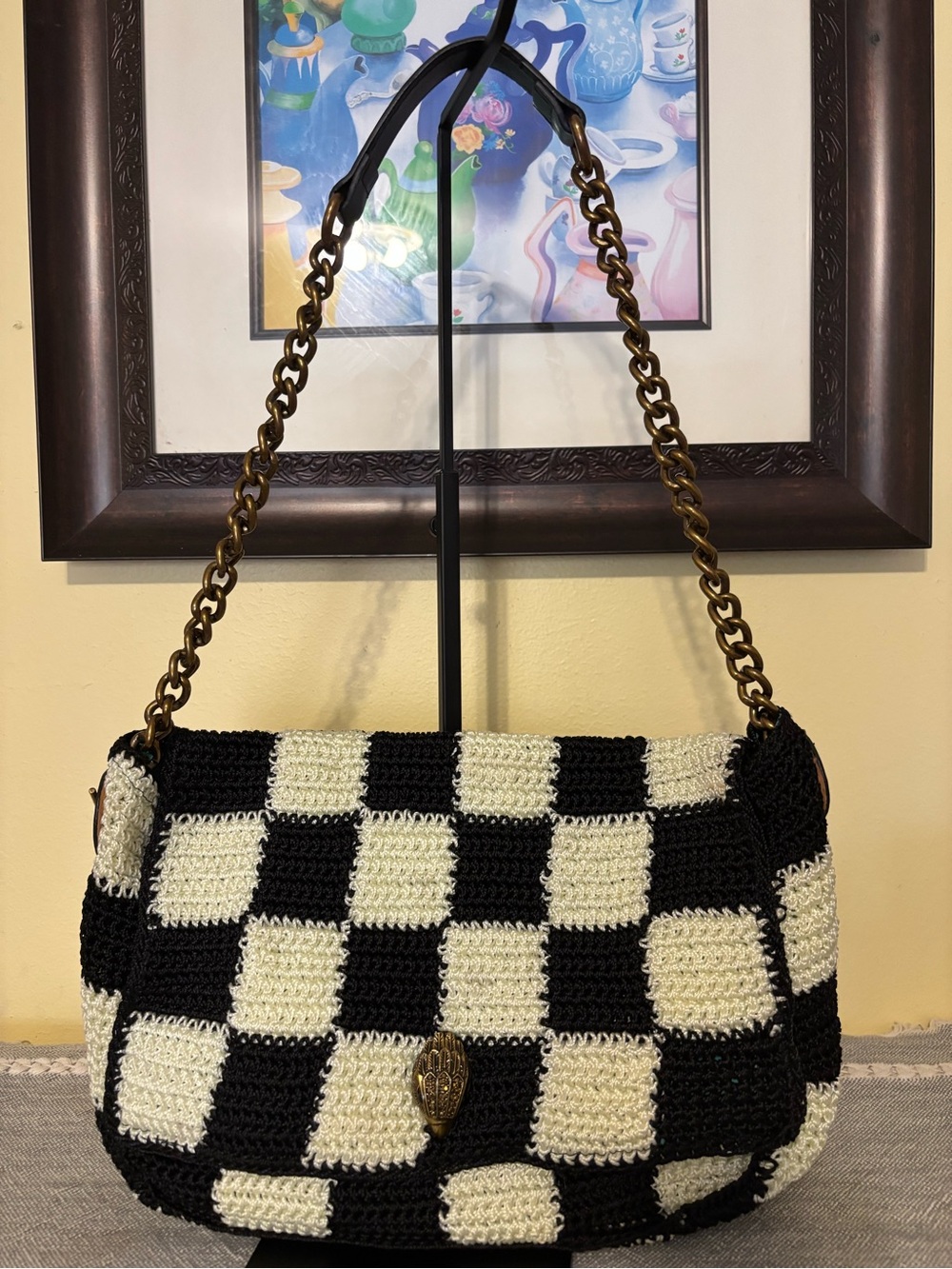 Kurt Geiger Black & Cream Crochet Checkerboard Shoulder Bag